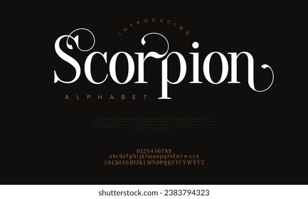 Scorpion premium luxury elegant alphabet letters and numbers. Elegant wedding typography classic serif font decorative vintage retro. Creative vector illustration