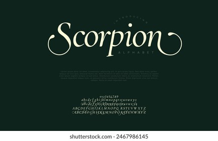 Scorpion Premium Luxus elegante Buchstaben und Zahlen. Klassische Hochzeits-Typografie-Klassiker-Serif-Schrift-dekorativer Vintage-Retro. Kreative Vektorillustration