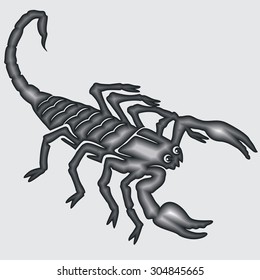Scorpion with raised tail sting. Vector grayscale image