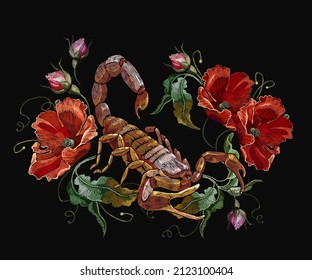 Scorpion and red poppies flowers. Embroidery art. Gothic halloween style. Romantic dark fairy tale. Fashion template for clothes 