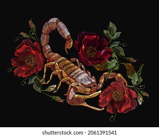 Scorpion and red roses flowers. Embroidery art. Gothic halloween style. Romantic dark fairy tale. Fashion template for clothes 