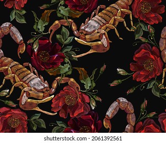 Scorpion and red roses flowers. Embroidery seamless pattern. Gothic halloween style. Romantic dark fairy tale art. Fashion template for clothes