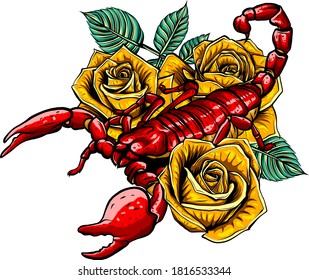 Scorpion and roses - color tattoo, vector illustration