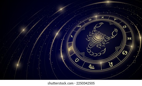 Scorpio-Symbol, Rad des Zwölf-Schildes, Lichtstrahl des Sternlichts im Weltraum, Horoskop und Astrologie-Concept-Element für das Fortune-Telling, Stellar Hintergrund-Vektorgrafik.