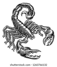Scorpion Scorpio zodiac animal sign design graphic in a retro vintage woodcut etching style.