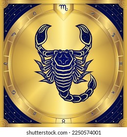 Scorpion Scorpio Zodiac Sign, Classic Luxury Golden Greek Meander, Stellar Star Sign, Horoscope Astrology Fortune-Telling and Future Prediction, Element Badge Icon Vector Design Illustration.