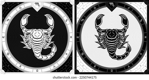 Scorpion Scorpio Zodiac Sign, Classic Greek Meander Black-White Silhouette, Stellar Star Sign, Horoscope Astrology Fortune-Telling and Future Prediction, Badge Icon Vector Design Illustration.