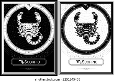 Scorpion Scorpio Zodiac Sign and Symbol, Classic Luxury Circular Black-White Silhouette Greek Meander Fortune Card, Stellar Star Sign, Horoscope Astrology Fortune-Telling and Future Prediction.