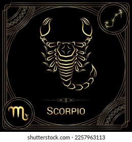 Scorpion Scorpio Zodiac Sign, Symbol, Stellar Star Constellation, Horoscope and Astrology, Fortune-Telling Square Badge Icon Vector Illustration