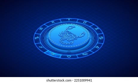 Scorpion Scorpio Zodiac Symbol, Wheel of Twelve-Sign, Neon Glow Isometric Bas-Relief Sculpture, Horoscope and Astrology Element for Fortune-Telling, Lattice Grid Backdrop Background.