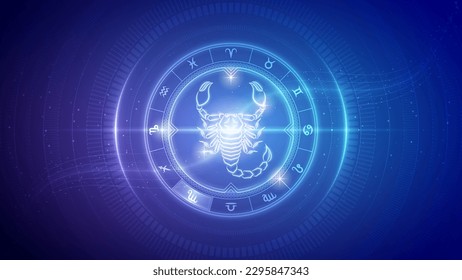 Scorpion Scorpio Zodiac Wheel Star Sign Futuristic Hologram Neon Glow Cybernetic Digital Translucent Horoscope, Astrology and Fortune-Telling Backdrop Background Illustration