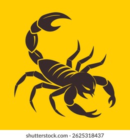 Logotipo da silhueta do escorpião. Ícone de escorpião preto isolado em fundo amarelo. Ilustração vetorial.