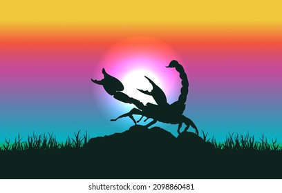 Scorpion silhouette on rainbow landscape background illustration. Vector graphic eps 10.