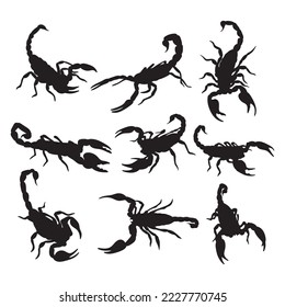 Scorpion silhouette, templates set. Objects for packaging design, tattoo illustration, items for cutting, printing svg