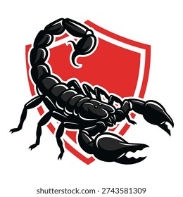 Скорпион стоит перед красным щитом эмблема символ значок логотипа