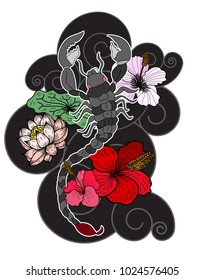 Scorpion tattoo with flower Japanese style.Design For Print a T-Shirt.Hibiscus flower with cherry blossom and lotus tattoo.Zodiac sign of Scorpio.