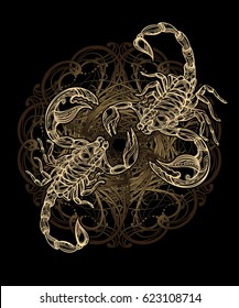 Scorpion tattoo - ornate gold scorpion image on black background, sign horoscope