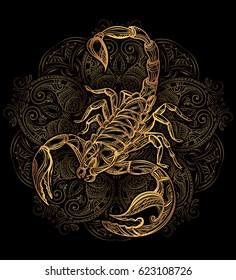 Scorpion tattoo - ornate gold scorpion image on black background, sign horoscope