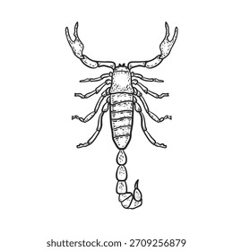 Estilo de grabado de Vector escorpión. Dibujado a mano monocromo dibujo ilustración de un insecto peligroso. Dibujo blanco negro del signo del zodiaco del escorpio para el tatuaje, la impresión de la camiseta o el diseño de la educación biológica.