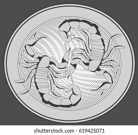 Scorpion vector illustration with sand on a circular composition on a grey background.