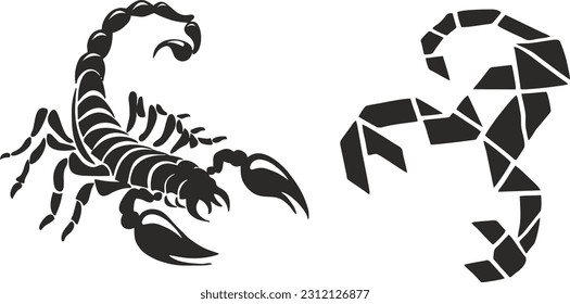 Scorpion vector, realistic and abstract modern scorpion drawing printable for tattoos and shirt prints, adjustable black scorpion with long tails, geometric scorpion motif, scorpio horoscope
