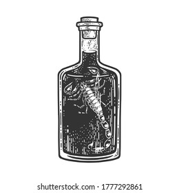 scorpion vodka wine sketch engraving vector illustration. T-shirt apparel print design. Scratch board imitation. Black and white hand drawn image.