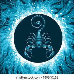 Scorpion in Water Circle. Zodiac symbol of Scorpio on water background. Vector illustration.