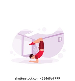 Scorpion yoga pose. Experienced man doing scorpion yoga poses in the gym. Fitness training. Trend Modern vector flat illustration