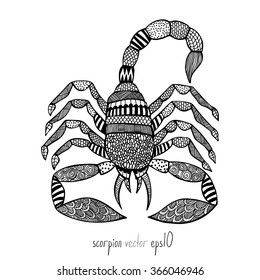 Scorpion in zentangle style on white background