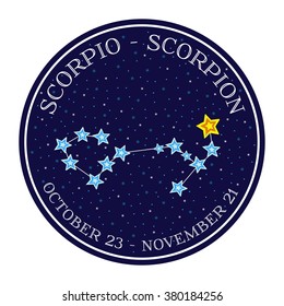 Scorpion zodiac constellation in space. Cute cartoon style vector illustration. Round emblem with zodiac sign name and dates