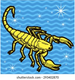 Scorpion. Zodiac sign - Scorpio. Vector illustration. Colored. Yellow silhouette, blue background