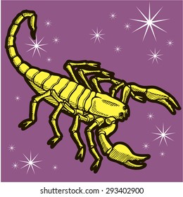 Scorpion. Zodiac sign - Scorpio. Vector illustration. Colored. Yellow silhouette, purple background