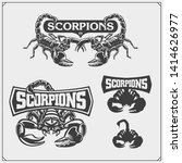 Scorpions emblems, labels, logos and design elements. Silhouettes of a scorpion. Print design for t-shirt. Tattoo design. Sport club emblems.