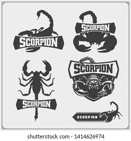 Scorpions emblems, labels, logos and design elements. Silhouettes of a scorpion. Print design for t-shirt. Tattoo design. Sport club emblems.