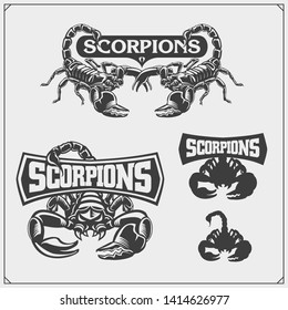 Scorpions emblems, labels, logos and design elements. Silhouettes of a scorpion. Print design for t-shirt. Tattoo design. Sport club emblems.