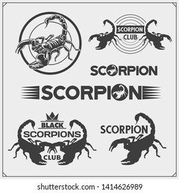 Scorpions emblems, labels, logos and design elements. Silhouettes of a scorpion. Print design for t-shirt. Tattoo design. Sport club emblems.