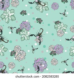 Scorpions and Succulents vector pattern. Seamless illustration for designers, printing on textiles, sportswear, t-shirts