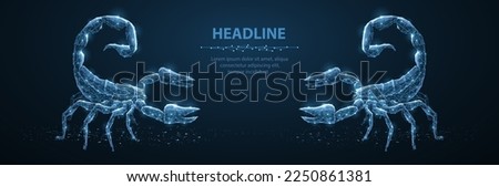 Scorpions. Two abstract 3d scorpions isolated on blue. Fantasy style. Polygonal wireframe vector. Line drawing. Futuristic technology, astrology esoteric, astrological constellation concept.