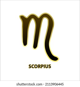 SCORPIUS 12 Zodiac black, gold border isolated white background. It is the 8th zodiac sign according to the texts of Western astrology. Between Libra and Sagittarius with a scorpion symbol.