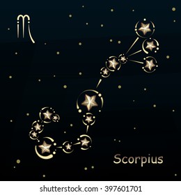 Scorpius on a dark blue background, surrounded by stars. Constellation connected lines and decor.