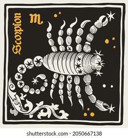 Scorpius or Scorpion Zodiac sign and constellations. Illustration in medieval style with black-letter lettering. Gold and black square emblem perfect for apparel, retro posters, and cards.