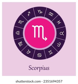 Scorpius sign . Vector illustration. Scorpius zodiac sign symbole on purple background horoscope astrology. Zodiac sign. Astrological calendar. Zodiacal color vector horoscope. Line