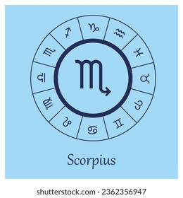 Scorpius sign. Scorpius zodiac sign symbole on blue background horoscope astrology. Astrological calendar. Zodiacal blue vector horoscope. Line (man, male, boy, baby boy)