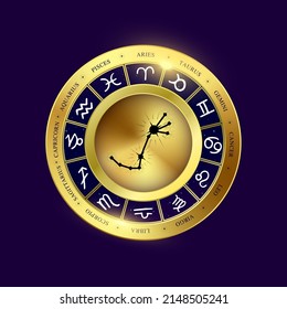 Scorpius zodiac coin. Witchcraft astrology for zodiac constellations. Modern magic divination. Gold coins sign isolated on a blue background esoteric. Realistic 3D vector EPS10 illustration.