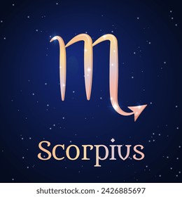 Scorpius zodiac sign on dark blue starry sky. Scorpio symbol. Astronomy, astrology, horoscope. Cosmos. Eighth zodiac sign - the ruler planet Pluto. Element - Water. The Scorpion. Vector illustration