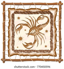 Scorpius Zodiac Sign on Native Tribal and Grunge Leather Frame