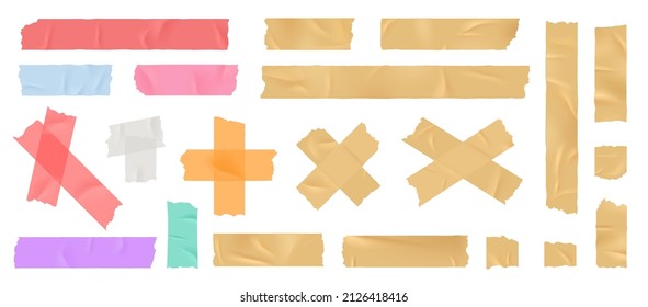 Scotch. Adhesive tape, color office glue paper stripes. Sticky bandage, different realistic tapes band. Torn elements, isolated decorative exact vector elements - Shutterstock ID 2126418416