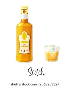 Scotch alcohol bottle and glass. Isolated vector elegant glass flask with label, contains the golden amber colored whiskey drink and wineglass with ice cubes, emphasizes luxurious drinking experience