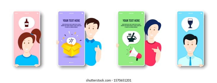 Scotch bottle, Chemical formula and Tea cup icons simple set. People on phone screen. Beer glass sign. Brandy alcohol, Chemistry, Coffee with spoon. Brewery beverage. Business set. Vector