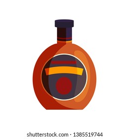 Scotch cartoon illustration. Whiskey, cognac, round bottle with dark blank label. Alcohol concept. Vector illustration can be used for topics like bar menu, liquor store, alcoholic beverage